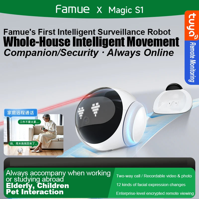 Famue S1 Home Monitoring Robot | APP Control & Two-Way Talk | Care for Elderly/Child & Pet | Photo/Video & Playback UP to 512G