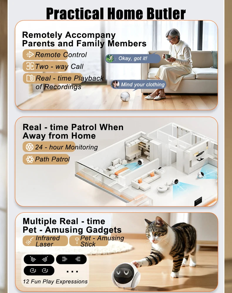 Famue S1 Home Monitoring Robot | APP Control & Two-Way Talk | Care for Elderly/Child & Pet | Photo/Video & Playback UP to 512G